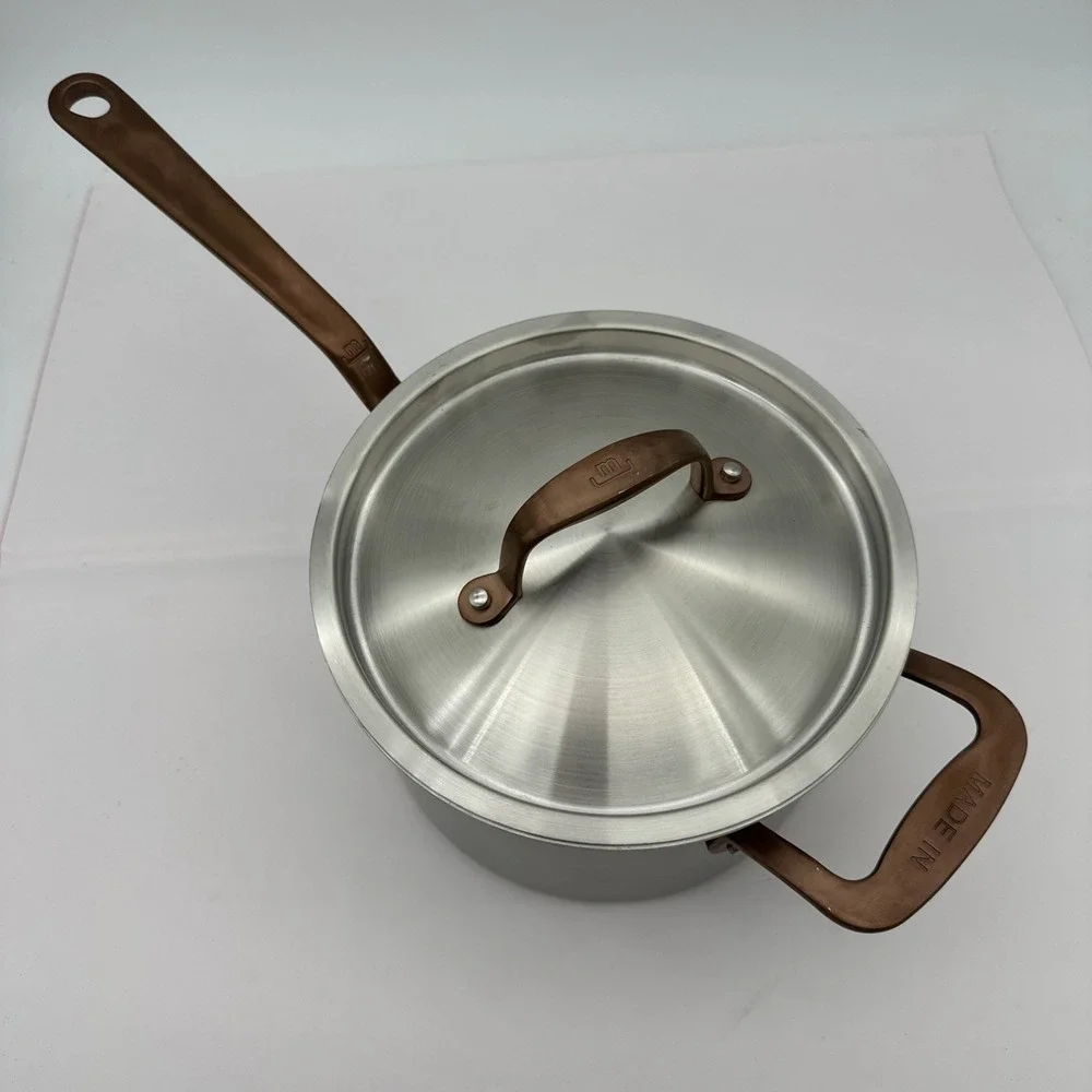 Made-In Cookware Italy 4 qt Stainless Saucepan Brushed Copper Handle W/Lid NEW